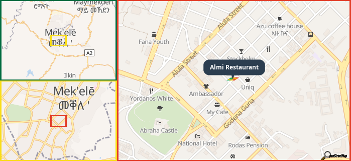 Map showing the address of Almi Restaurant in three different zoom levels.