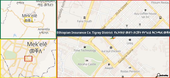 Map showing the address of Ethiopian Insurance Co. Tigray District  የኢትየጵያ መድን ድርጅት የትግራይ ቅርንጫፍ መቐለ in three different zoom levels.