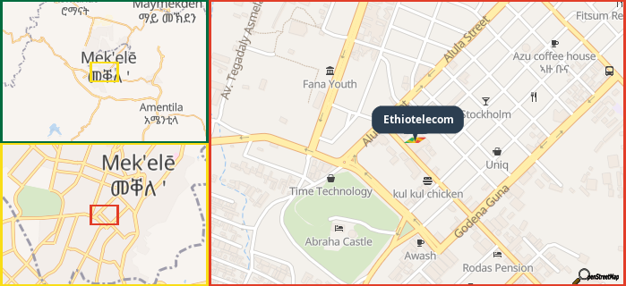 Map showing the address of Ethiotelecom in three different zoom levels.