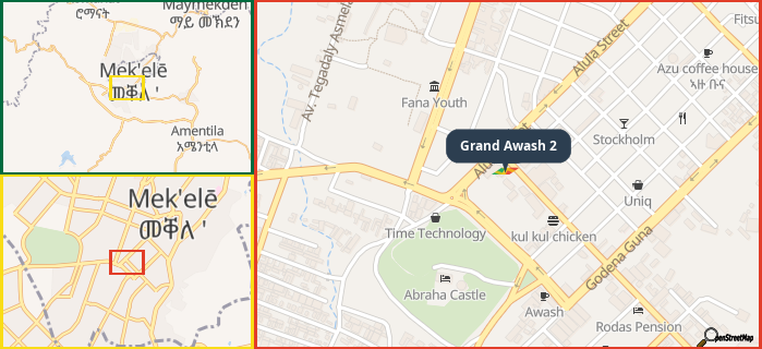 Map showing the address of Grand Awash 2 in three different zoom levels.