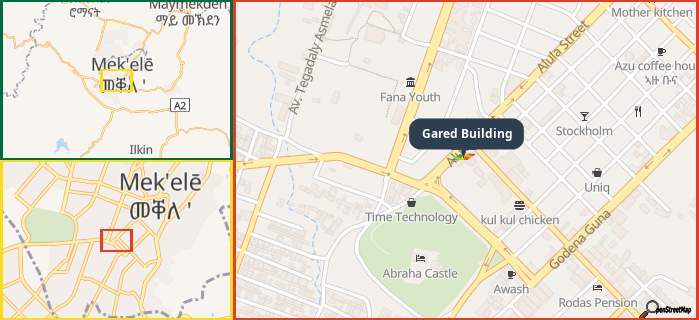 Map showing the address of Gared Building in three different zoom levels.