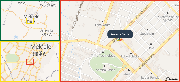 Map showing the address of Awash Bank in three different zoom levels.