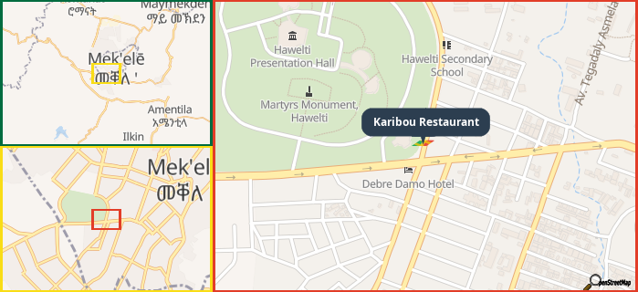 Map showing the address of Karibou Restaurant in three different zoom levels.