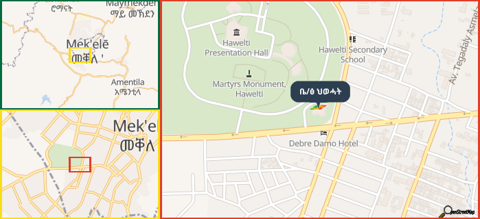 Map showing the address of ቤ/ፅ ህወሓት in three different zoom levels.