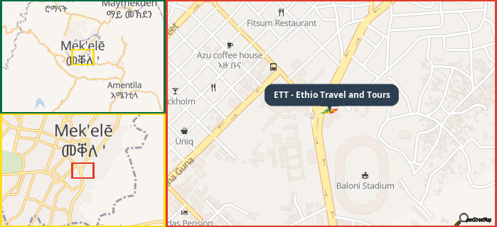 Map showing the address of ETT - Ethio Travel and Tours in three different zoom levels.