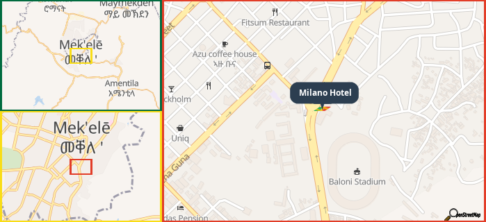 Map showing the address of Milano Hotel in three different zoom levels.