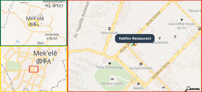 Map showing the address of Hakfen Restaurant in three different zoom levels.