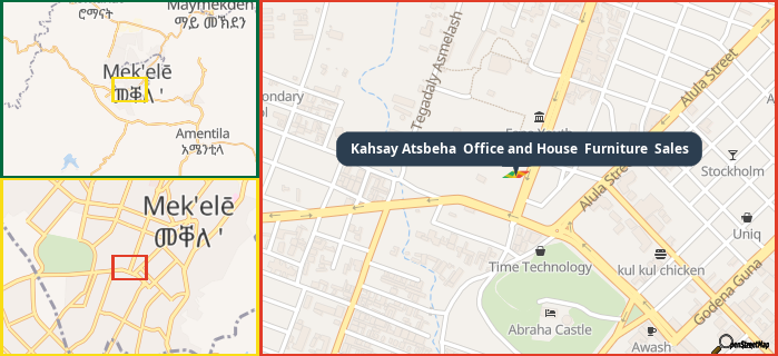 Map showing the address of Kahsay Atsbeha  Office and House  Furniture  Sales in three different zoom levels.