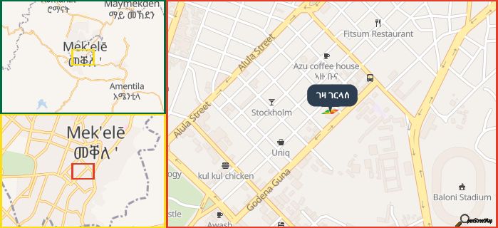 Map showing the address of ገዛ ገርላሰ in three different zoom levels.