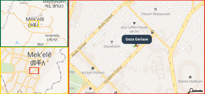 Map showing the address of Geza Gerlase in three different zoom levels.