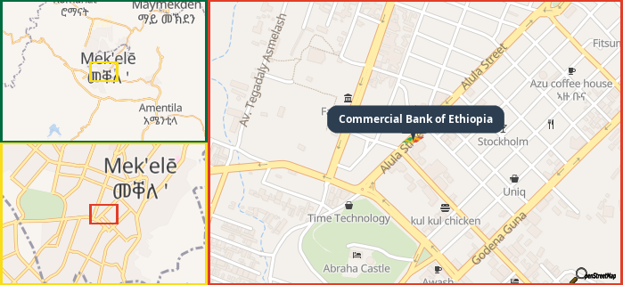 Map showing the address of Commercial Bank of Ethiopia in three different zoom levels.