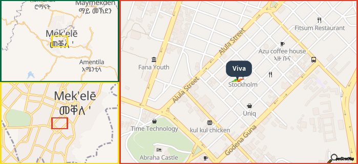 Map showing the address of Viva in three different zoom levels.