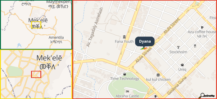 Map showing the address of Dyana in three different zoom levels.