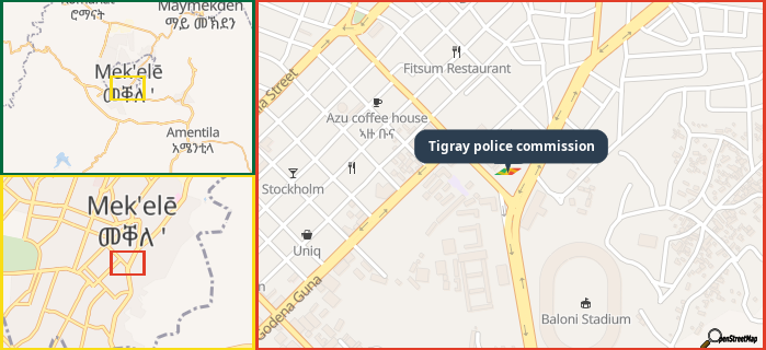 Map showing the address of Tigray police commission in three different zoom levels.