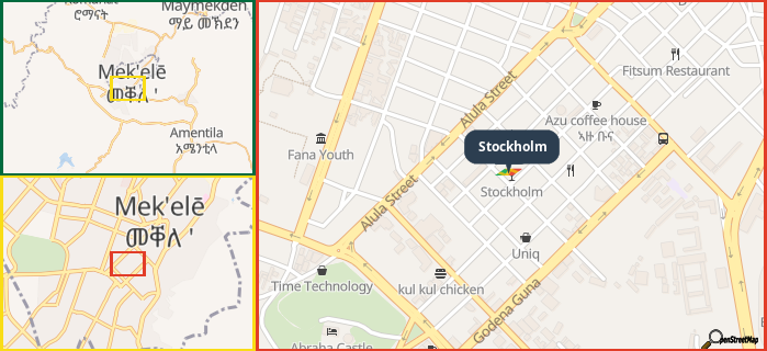 Map showing the address of Stockholm in three different zoom levels.