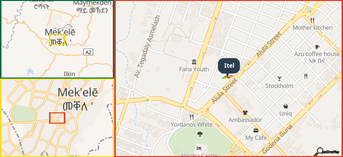 Map showing the address of Itel in three different zoom levels.