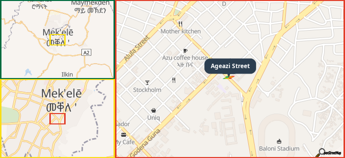 Map showing the address of Ageazi Street in three different zoom levels.