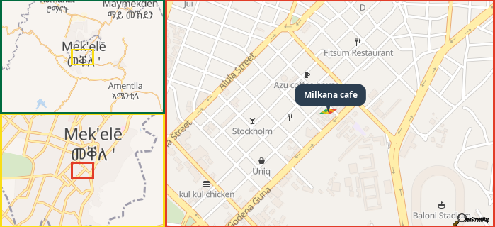 Map showing the address of Milkana cafe in three different zoom levels.