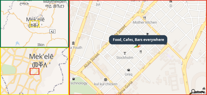 Map showing the address of Food, Cafes, Bars everywhere in three different zoom levels.