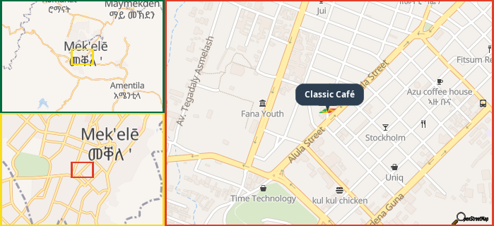 Map showing the address of Classic Café in three different zoom levels.