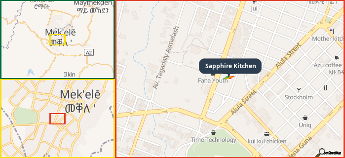 Map showing the address of Sapphire Kitchen in three different zoom levels.