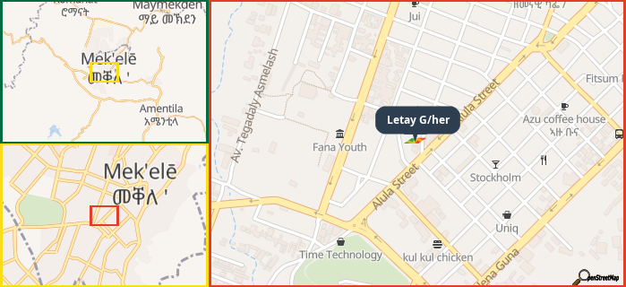 Map showing the address of Letay G/her in three different zoom levels.