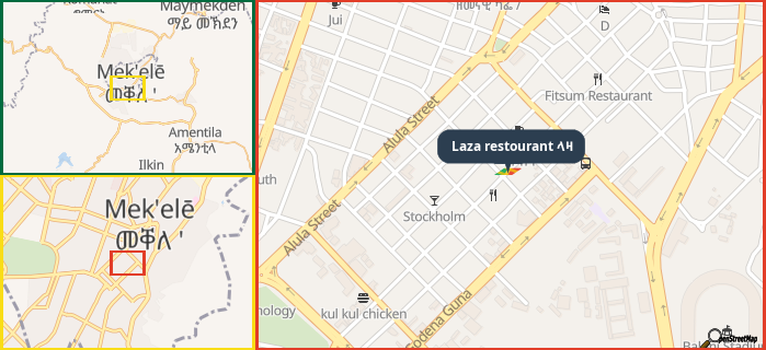 Map showing the address of Laza restourant ላዛ in three different zoom levels.