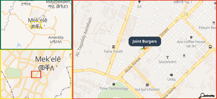Map showing the address of Joint Burgers in three different zoom levels.