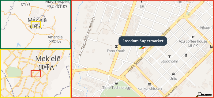 Map showing the address of Freedom Supermarket in three different zoom levels.
