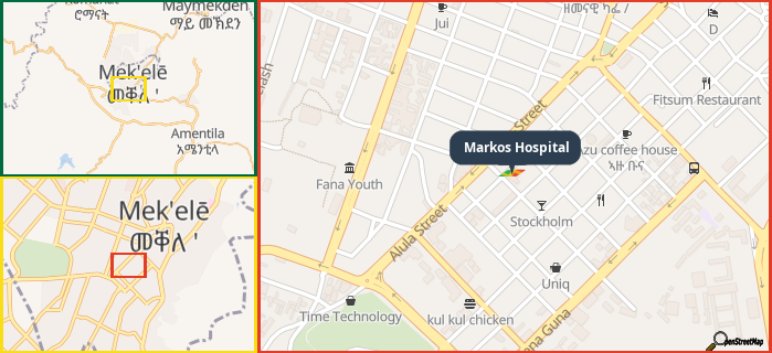 Map showing the address of Markos Hospital in three different zoom levels.