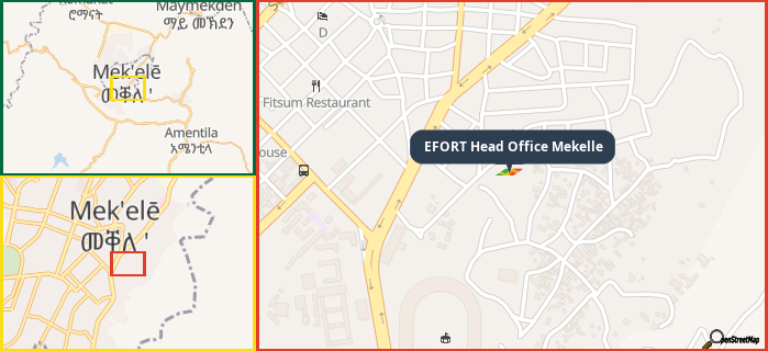 Map showing the address of EFORT Head Office Mekelle in three different zoom levels.
