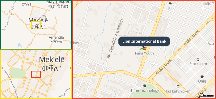 Map showing the address of Lion International Bank in three different zoom levels.