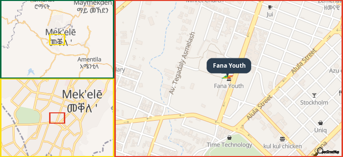 Map showing the address of Fana Youth in three different zoom levels.