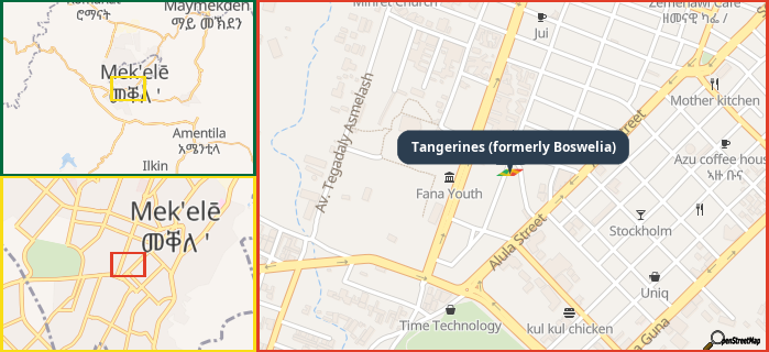 Map showing the address of Tangerines (formerly Boswelia) in three different zoom levels.