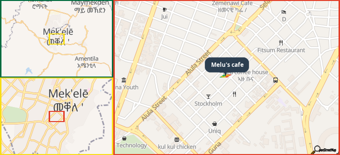 Map showing the address of Melu's cafe in three different zoom levels.