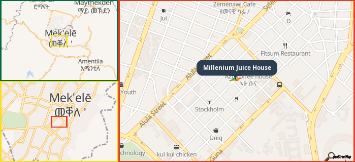 Map showing the address of Millenium Juice House in three different zoom levels.