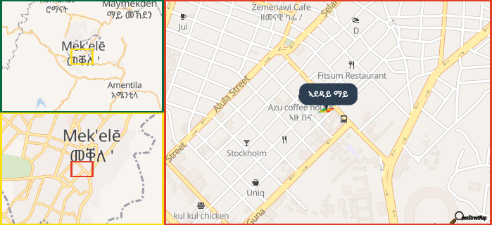 Map showing the address of ኣደዳይ ማይ in three different zoom levels.