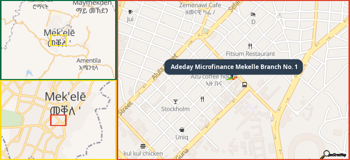 Map showing the address of Adeday Microfinance Mekelle Branch No. 1 in three different zoom levels.