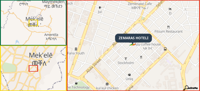 Map showing the address of ZEMARAS HOTELI in three different zoom levels.