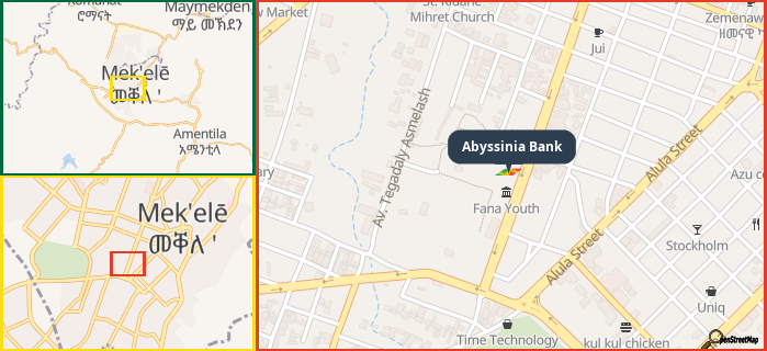 Map showing the address of Abyssinia Bank in three different zoom levels.