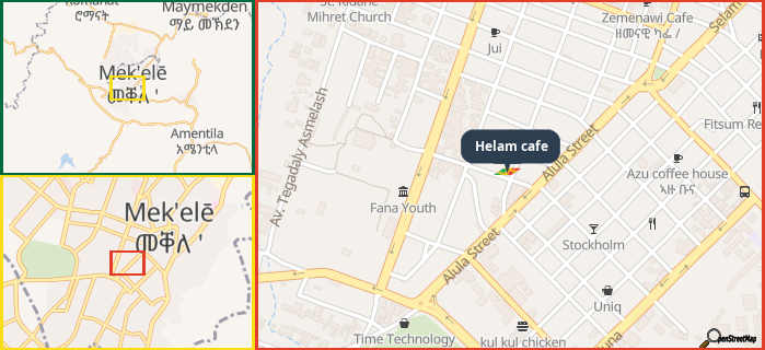 Map showing the address of Helam cafe in three different zoom levels.
