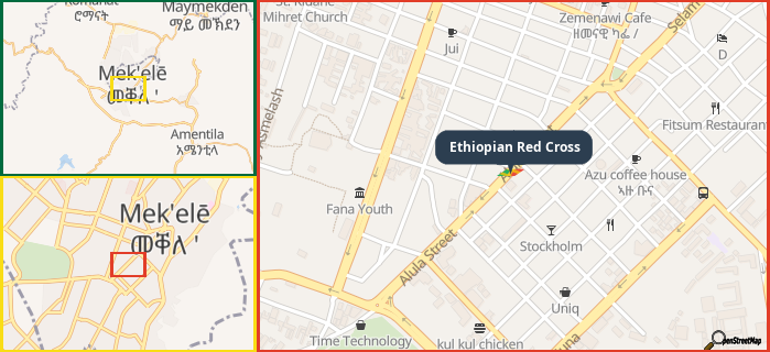 Map showing the address of Ethiopian Red Cross in three different zoom levels.