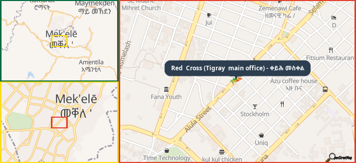 Map showing the address of Red  Cross (Tigray  main office) - ቀይሕ መስቀል in three different zoom levels.