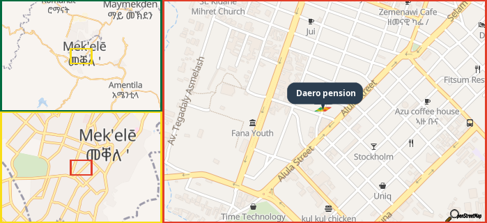 Map showing the address of Daero pension in three different zoom levels.