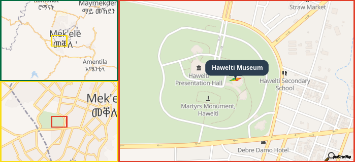 Map showing the address of Hawelti Museum in three different zoom levels.