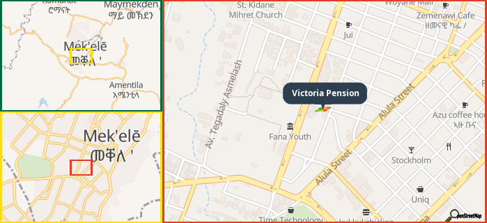 Map showing the address of Victoria Pension in three different zoom levels.