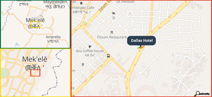 Map showing the address of Dallas Hotel in three different zoom levels.