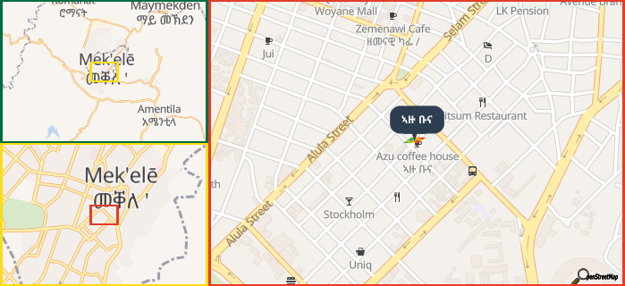 Map showing the address of ኣዙ ቡና in three different zoom levels.