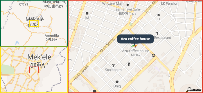 Map showing the address of Azu coffee house in three different zoom levels.