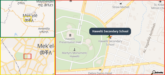 Map showing the address of Hawelti Secondary School in three different zoom levels.